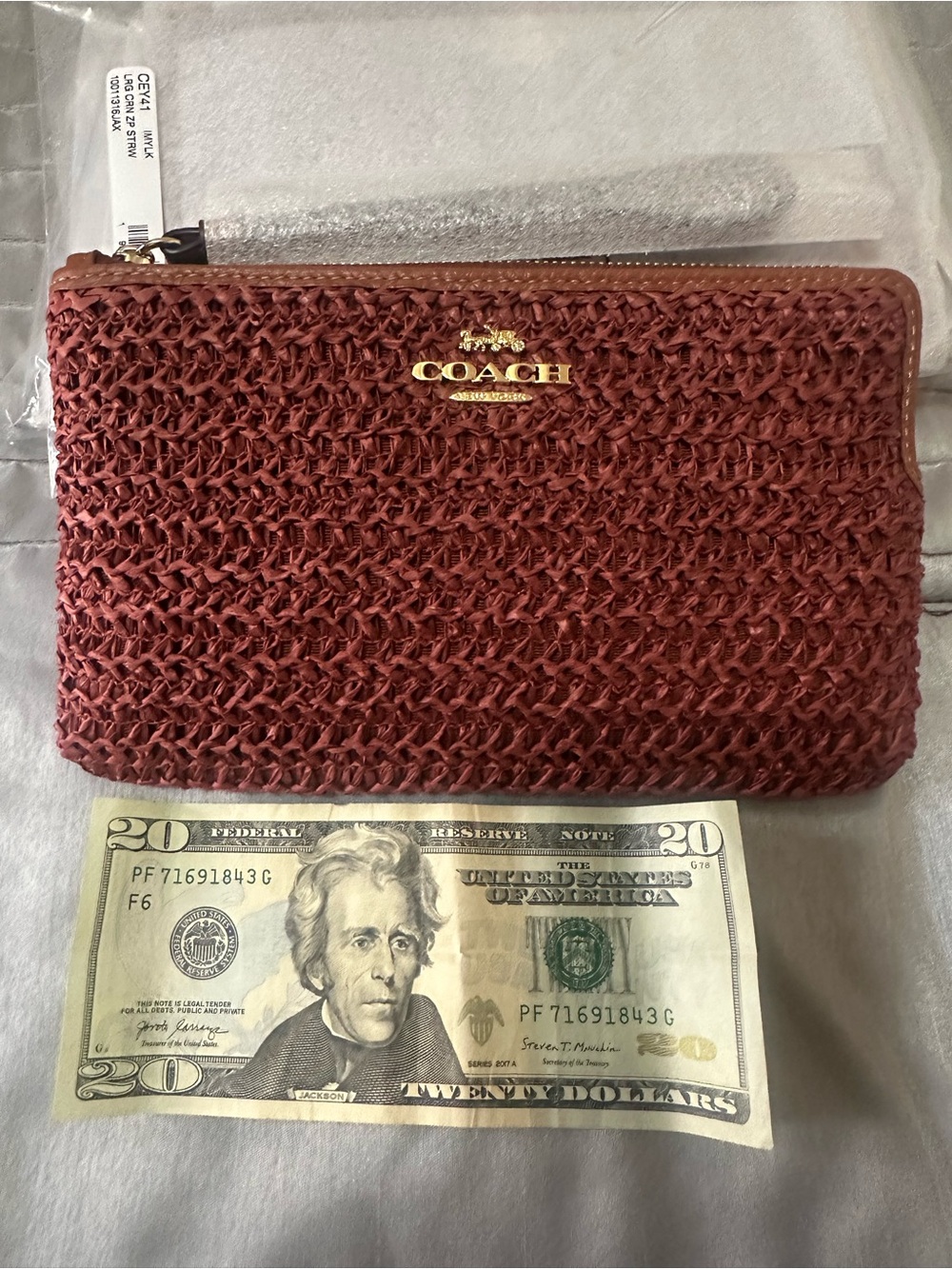 Coach Brown Woven Zip Wristlet with Gold Hardware